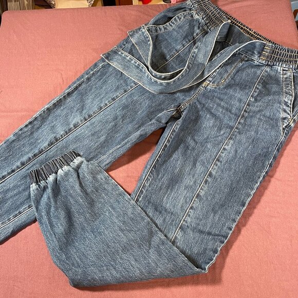 American Eagle Tie Belt Blue Jeans Elastic waist and on Bottom Of Legs - Size XS - Picture 1 of 8